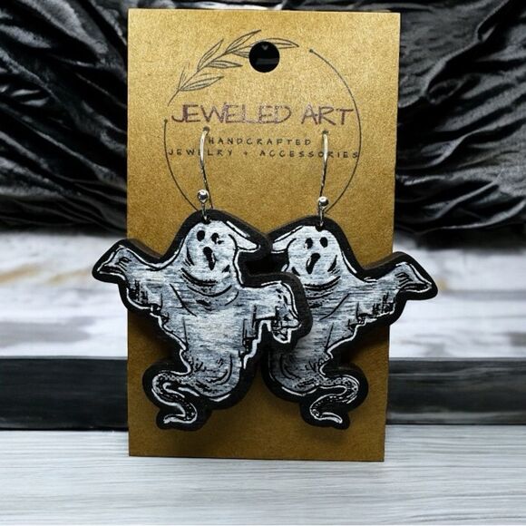 JEWELED ART Spooky Ghost Earrings Handmade Painted Wood Earrings - Picture 1 of 3